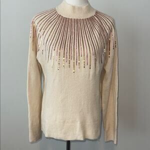 143 Story Chic Cream Sweater Gold Pink Sequin Design Women's Small